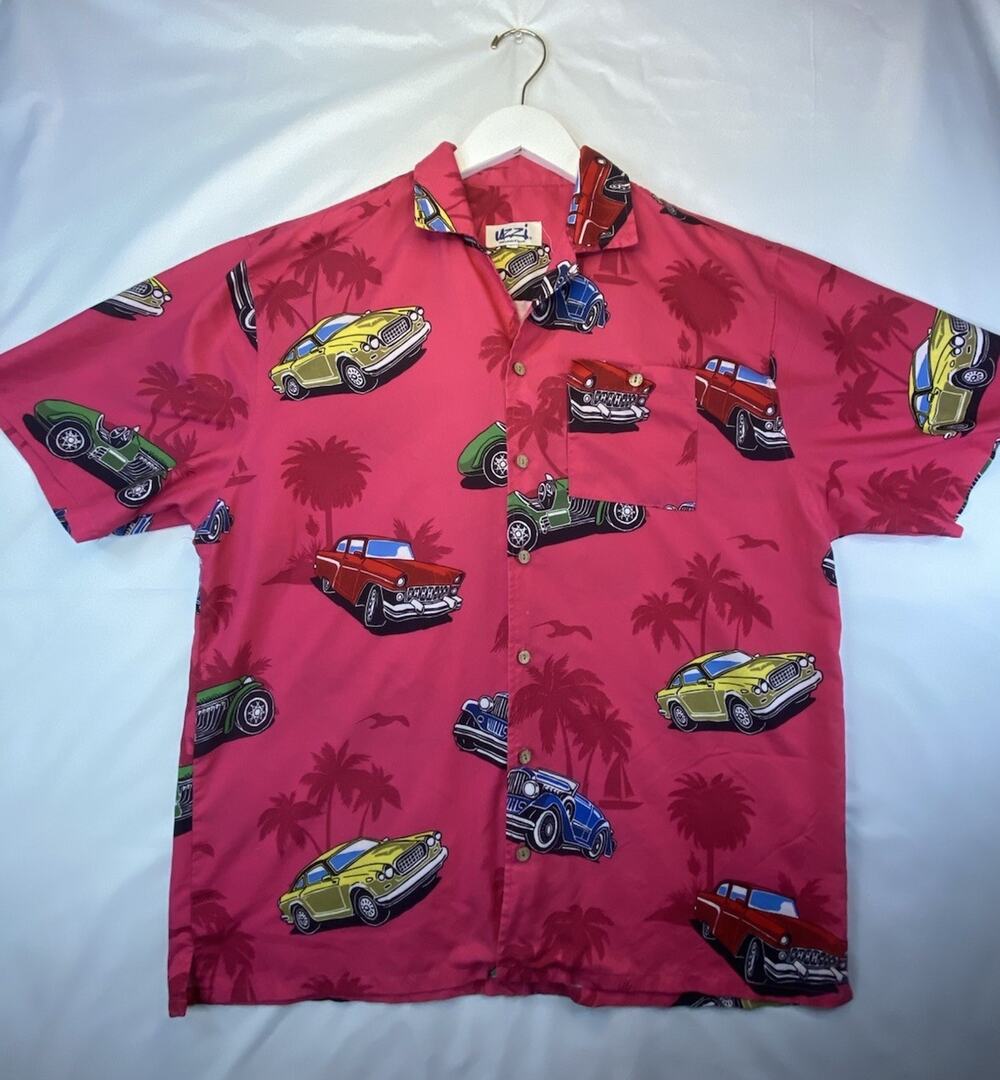 UZZI L Pink Multicolor Cars Tropical Graphic Print Short Sleeve Button-Up Shirt